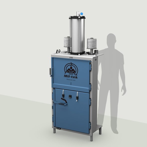 A102-2026-Kartonpresse-Kunststoffpresse-blau-Maschine-grauer-Hintergrund
