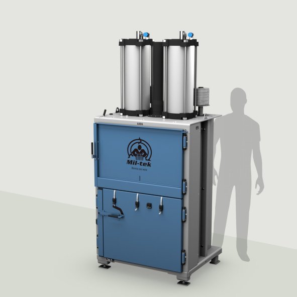 A406-2026-Kartonpresse-Kunststoffpresse-blau-Maschine-grauer-Hintergrund
