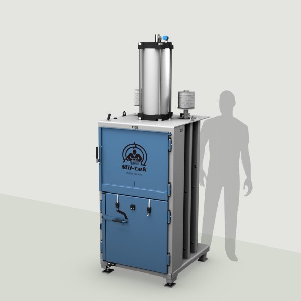 A305-2026-Kartonpresse-Kunststoffpresse-blau-Maschine-grauer-Hintergrund-Mil-tek-Germany