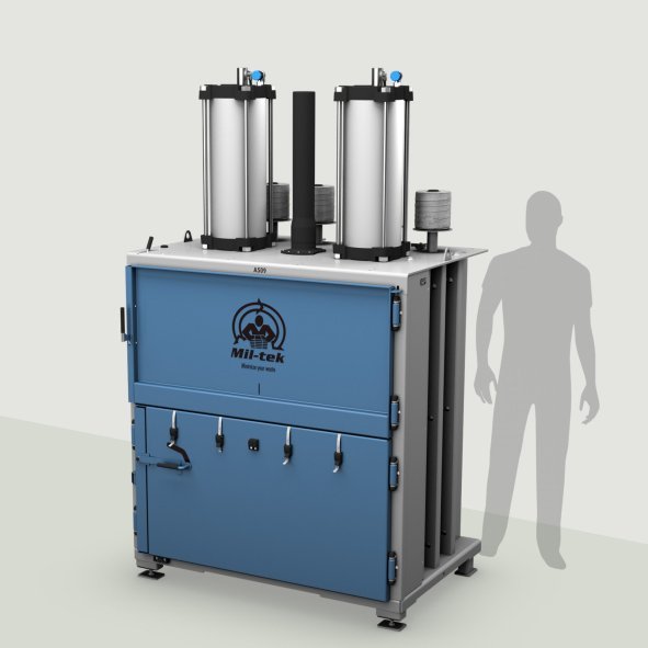 A509-2026-Kartonpresse-Kunststoffpresse-blau-Maschine-grauer-Hintergrund-Mil-tek-Germany